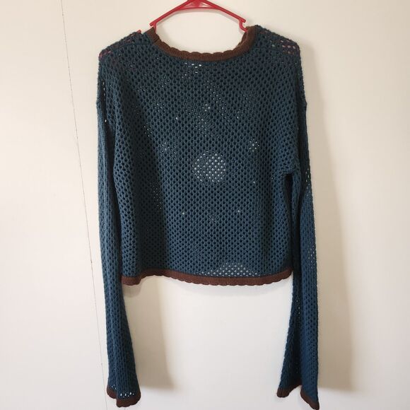 Earthbound Trading Co Celestial Open Knit Sweater Green XL Hippie Boho Cropped - Picture 5 of 9